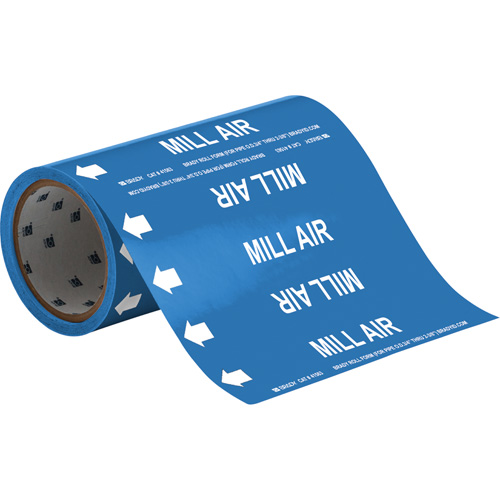 Brady 41563 "Mill Air" Roll Form Pipe Markers, Self-Adhesive, Cuttable H x 8" W, White on Blue