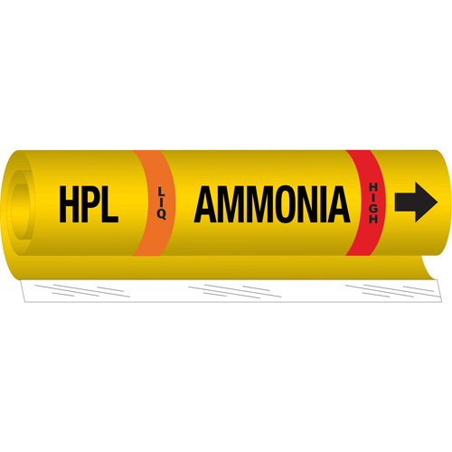 Brady 57966 "HPL Liq Ammonia High" Ammonia (IIAR) Pipe Marker, Wrap-Around, 9" H x 8" W, Black on Yellow