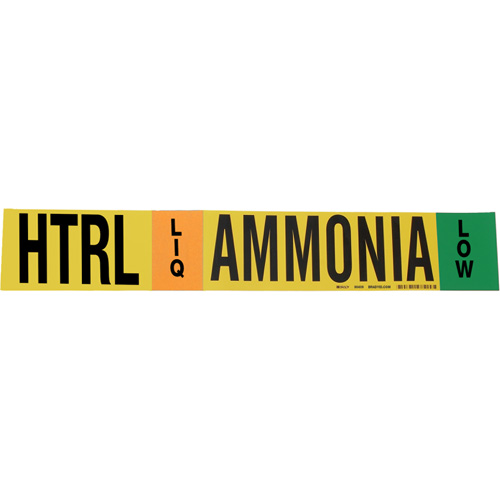 Brady 59928 "HTRL Liq Ammonia Low" Ammonia (IIAR) Pipe Marker, Fibreglass Carrier with Clips, 4" H x 24" W, Black on Yellow