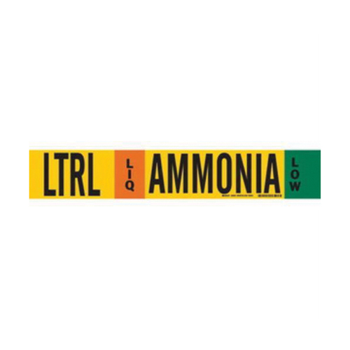 Brady 59933 "LTRL Liq Ammonia Low" Ammonia (IIAR) Pipe Marker, Fibreglass Carrier with Clips, 4" H x 24" W, Black on Yellow