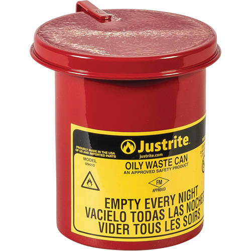 Justrite 09410 Mini bidons pour d&eacute;chets huileux pour dessus d'&eacute;tabli, Homologu&eacute; FM, 0,45 gal. US, Rouge