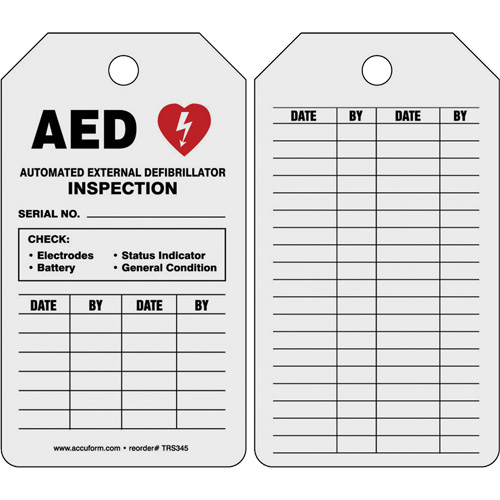 Accuform NMC TRS345CTM Automatic External Defibrillator Inspection Status Safety Tag, 5-3/4" x 3-1/4", Paper, English