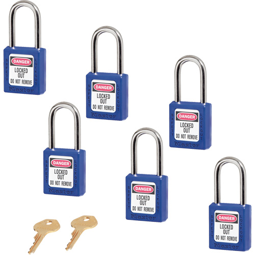 Master Lock 410KAS6BLU 410 Zenex Safety Padlocks, Blue, Keyed Alike, Thermoplastic, 1-1/2" Width