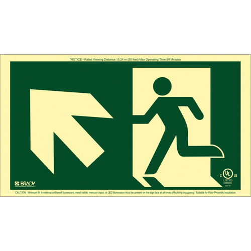 Brady 143541 Enseigne de sortie coureur BradyGlo avec fl&egrave;che vers le haut &agrave; gauche, 8-1/2" x 15", Plastique, Pictogramme