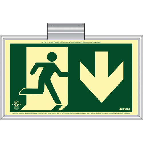 Brady 143535 BradyGlo&reg; Running Man Exit Sign with Down Arrow, 8-1/2" x 15", Plastic, Pictogram