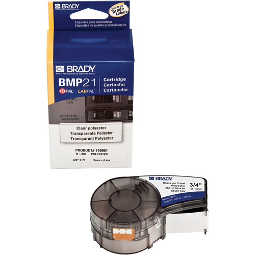 Brady M21-750-430 Ruban-&eacute;tiquette, Polyester, 0,75" lo x 252" h, Noir sur transparent