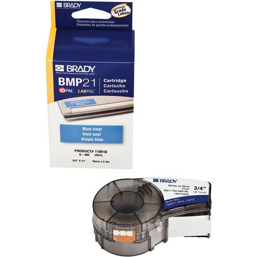 Brady M21-750-595-BL Indoor/Outdoor Label Tape, Vinyl, 0.75" L x 252" H, White on Blue