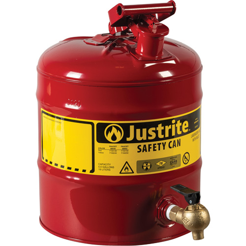 Justrite 7150140 Laboratory Safety Can with Faucet, Type I, Steel, 5 US gal., Red, FM Approved