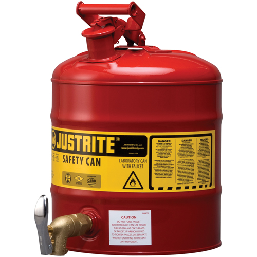 Justrite 7150150 Laboratory Safety Can with Faucet, Type I, Steel, 5 US gal., Red, FM Approved