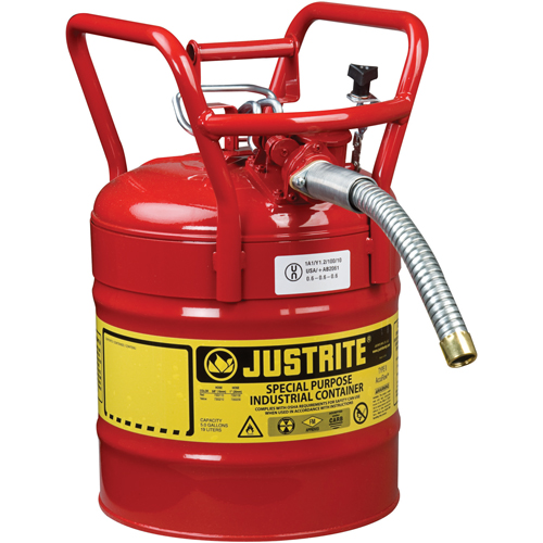 Justrite 7350130 D.O.T. AccuFlow Safety Cans, Type II, Steel, 5 US gal., Red, FM Approved