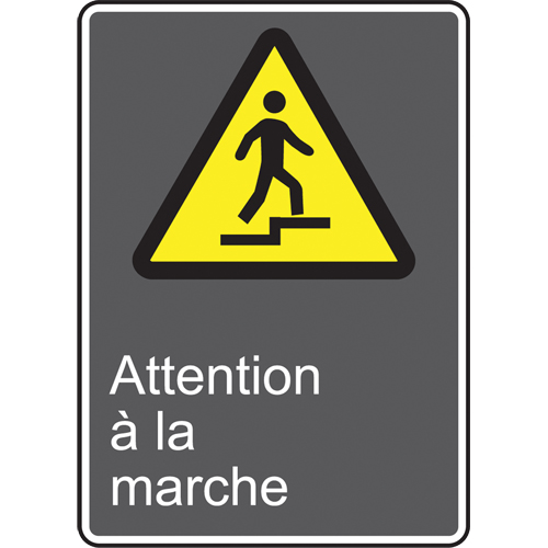 Accuform NMC MCSA638VS Attention &agrave; la marche CSA Standard Safety Sign, 14" x 10", Vinyl, French with Pictogram