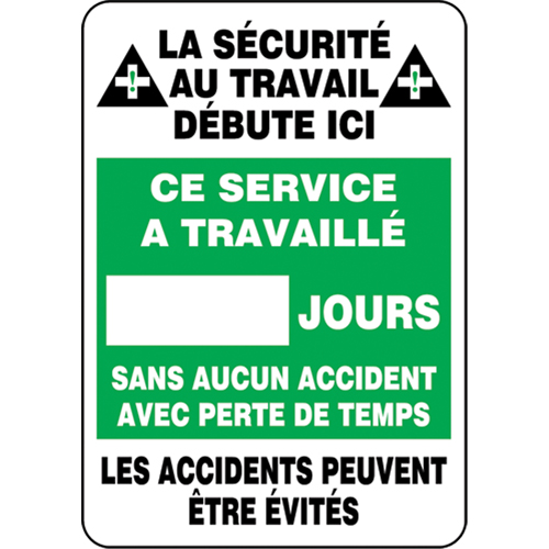 Accuform NMC FRMSR241PL Tableau d'affichage Write-A-Day  Jours sans accident , 28" x 20", Plastique, Français avec pictogramme