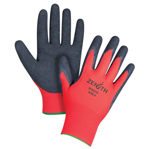 Produits de sécurité Zenith SFM542 Gants enduits &agrave; prise cr&ecirc;p&eacute;e noir & rouge, 8/Moyen, R&ecirc;vetement Latex de caoutchouc, Calibre 13, Enveloppe en Polyester