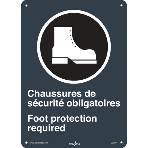 Zenith Safety Products SGI147 Chaussures de S&eacute;curit&eacute; / Foot Protection CSA Standard Safety Sign, 14" x 10", Aluminum, Bilingual with Pictogram