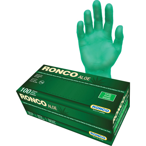 Ronco 647 Disposable Gloves with Aloe, Large, Vinyl, 5-mil, Powder-Free, Green