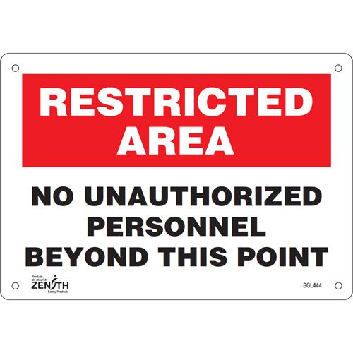 Zenith Safety Products SGL444 "No Unauthorized Personnel" Sign, 7" x 10", Plastic, English