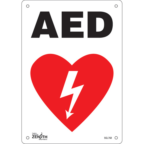 Zenith Safety Products SGL768 "AED" Sign, 10" x 7", Plastic, English with Pictogram