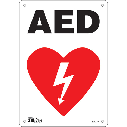 Zenith Safety Products SGL769 "AED" Sign, 10" x 7", Aluminum, English with Pictogram