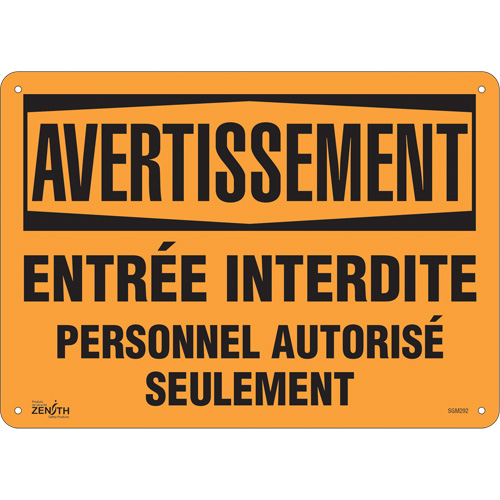 Zenith Safety Products SGM292 "Personnel Autoris&eacute; Seulement" Sign, 10" x 14", Aluminum, French
