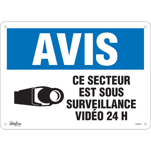 Zenith Safety Products SGM303 "Ce Secteur est Sous Surveillance" Sign, 10" x 14", Plastic, French with Pictogram
