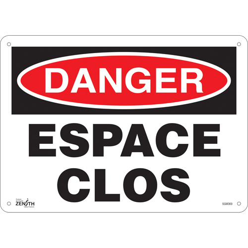 Produits de sécurité Zenith SGM369 Enseigne Espace Clos, 10" x 14", Plastique, Français