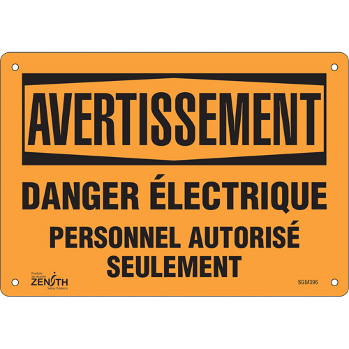 Zenith Safety Products SGM396 "Danger &eacute;lectrique" Sign, 7" x 10", Plastic, French