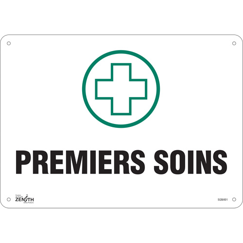 Zenith Safety Products SGM491 "Premiers Soins" Sign, 10" x 14", Plastic, French with Pictogram