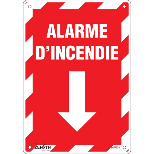Produits de sécurité Zenith SGM639 Enseigne avec fl&egrave;che Alarme D'Incendie, 10" x 7", Aluminium, Français avec pictogramme