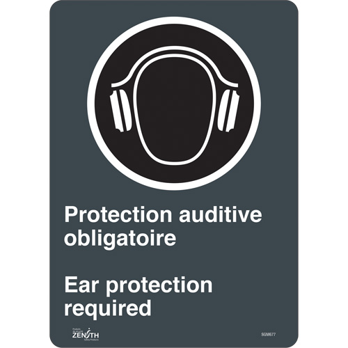 Produits de sécurité Zenith SGM677 Enseigne Ear Protection Required, 14" x 10", Plastique, Bilingue avec pictogramme