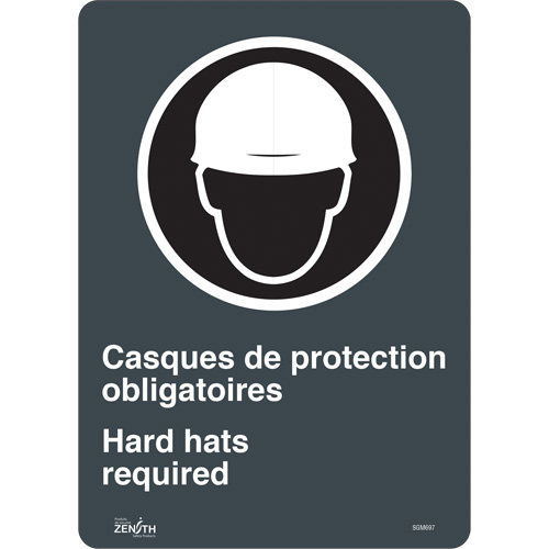 Produits de sécurité Zenith SGM697 Enseigne Hard Hats Required, 14" x 10", Vinyle, Bilingue avec pictogramme