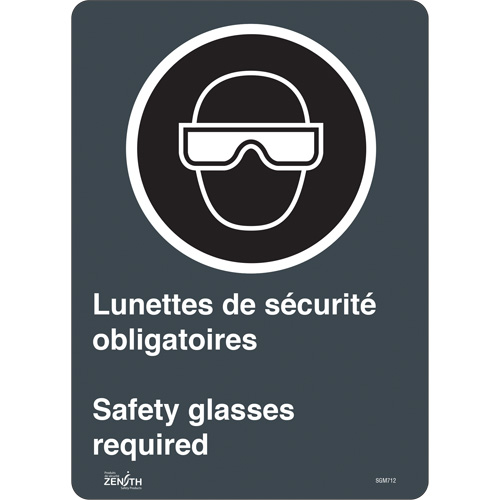 Produits de sécurité Zenith SGM712 Enseigne Safety Glasses Required/Lunettes de s&eacute;curit&eacute; obligatoires, 14" x 10", Vinyle, Bilingue avec pictogramme