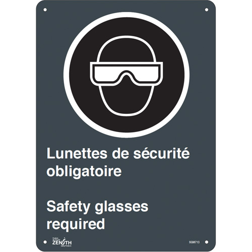 Zenith Safety Products SGM713 "Safety Glasses Required/Lunettes de s&eacute;curit&eacute; obligatoires" Sign, 14" x 10", Plastic, Bilingual with Pictogram