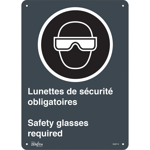 Produits de sécurité Zenith SGM714 Enseigne Safety Glasses Required/Lunettes de s&eacute;curit&eacute; obligatoires, 14" x 10", Aluminium, Bilingue avec pictogramme