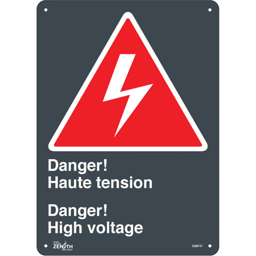 Produits de sécurité Zenith SGM747 Enseigne Haute Tension/High Voltage, 14" x 10", Aluminium, Bilingue avec pictogramme