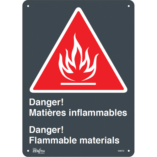 Zenith Safety Products SGM752 "Flammable Materials/Mati&egrave;res Inflammable" Sign, 14" x 10", Plastic, Bilingual with Pictogram