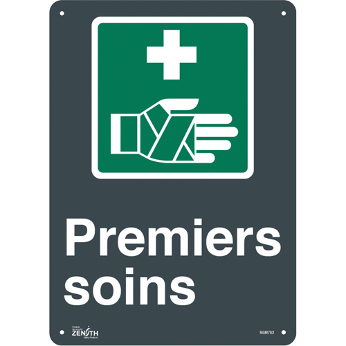 Produits de sécurité Zenith SGM783 Enseigne Premier Soins, 14" x 10", Aluminium, Français avec pictogramme
