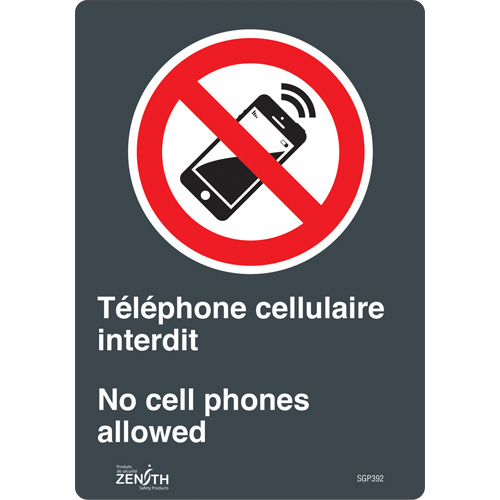 Produits de sécurité Zenith SGP392 Enseigne T&eacute;l&eacute;phone cellulaire interdit /No Cell Phones, 10" x 7", Vinyle, Bilingue avec pictogramme