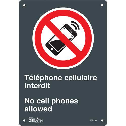 Produits de sécurité Zenith SGP393 Enseigne T&eacute;l&eacute;phone cellulaire interdit /No Cell Phones, 10" x 7", Plastique, Bilingue avec pictogramme