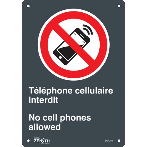 Zenith Safety Products SGP394 "T&eacute;l&eacute;phone cellulaire interdit /No Cell Phones" Sign, 10" x 7", Aluminum, Bilingual with Pictogram