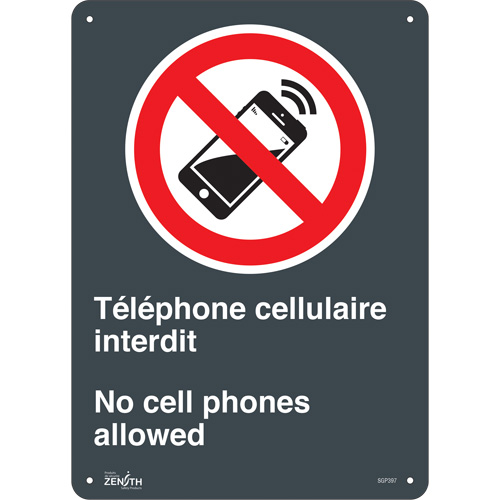 Produits de sécurité Zenith SGP397 Enseigne T&eacute;l&eacute;phone cellulaire interdit /No Cell Phones, 14" x 10", Aluminium, Bilingue avec pictogramme