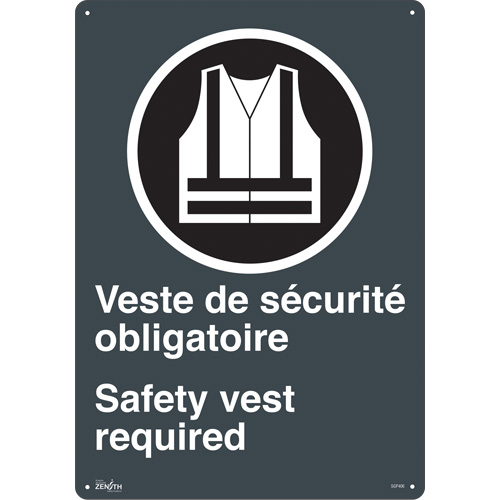 Zenith Safety Products SGP406 "Port du dossard obligatoire/Safety Vest Required" Sign, 20" x 14", Plastic, Bilingual with Pictogram