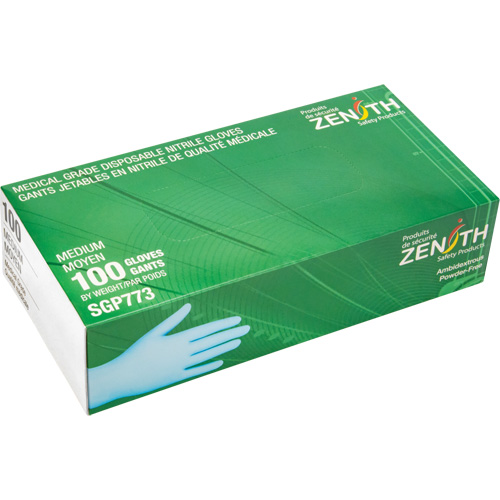 Zenith Safety Products SGP773 Puncture-Resistant Medical-Grade Disposable Gloves, Medium, Nitrile, 4.5-mil, Powder-Free, Blue, Class 2