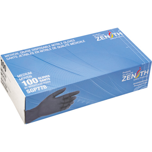 Zenith Safety Products SGP778 Puncture-Resistant Medical-Grade Disposable Gloves, Medium, Nitrile, 5-mil, Powder-Free, Black, Class 2