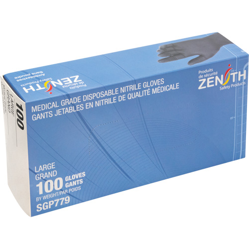 Zenith Safety Products SGP779 Puncture-Resistant Medical-Grade Disposable Gloves, Large, Nitrile, 5-mil, Powder-Free, Black, Class 2