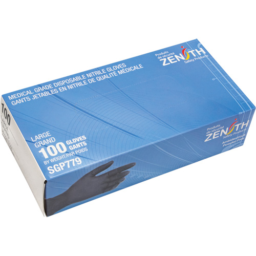 Zenith Safety Products SGP779 Puncture-Resistant Medical-Grade Disposable Gloves, Large, Nitrile, 5-mil, Powder-Free, Black, Class 2