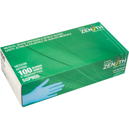 Produits de sécurité Zenith SGP855 Gants jetables de calibre m&eacute;dical r&eacute;sistants &agrave; la perforation, Moyen, Nitrile, 3,5 mils, Sans poudre, Bleu, Classe 2