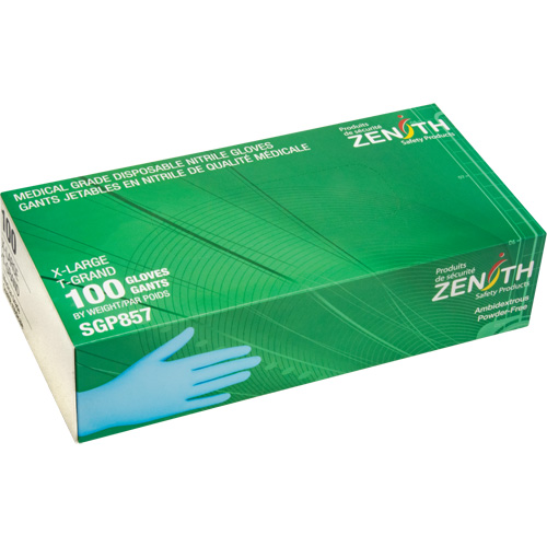 Produits de sécurité Zenith SGP857 Gants jetables de calibre m&eacute;dical r&eacute;sistants &agrave; la perforation, T-Grand, Nitrile, 3,5 mils, Sans poudre, Bleu, Classe 2