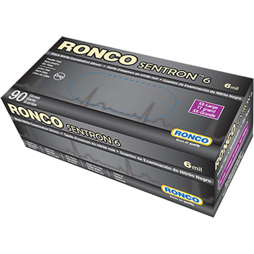 Ronco 962XX Gants d'examen jetables Sentron 6, 2T-Grand, Nitrile, 6 mils, Sans poudre, Noir, Classe 2