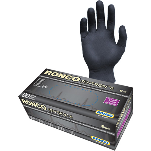 Ronco 962XX Gants d'examen jetables Sentron 6, 2T-Grand, Nitrile, 6 mils, Sans poudre, Noir, Classe 2
