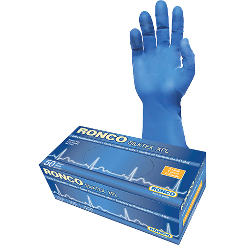 Ronco 895XPL Gant d'examen extra long SilkTex XPL, T-Grand, Latex, 13 mils, Sans poudre, Bleu, Classe 2